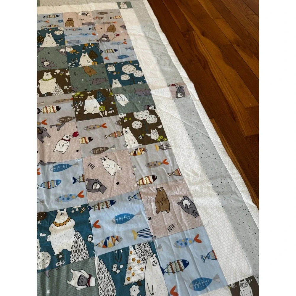 Handmade Bear And‎ Fish Patchwork Baby Boys Quilt Nursery Crib Blanket 37x49